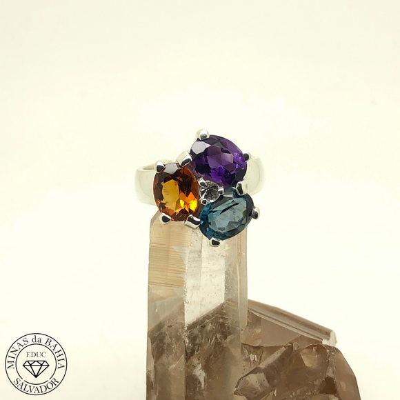 adiv008 anel de topázio azul, citrino e ametista 6,30ct prata cod365 Anel de ametista, citrino e topázio azul