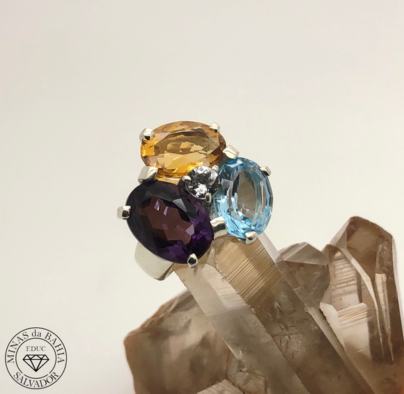 adiv009 anel de topázio azul, citrino e ametista 17,74ct prata cod369 Anel de ametista, topázio azul e citrino