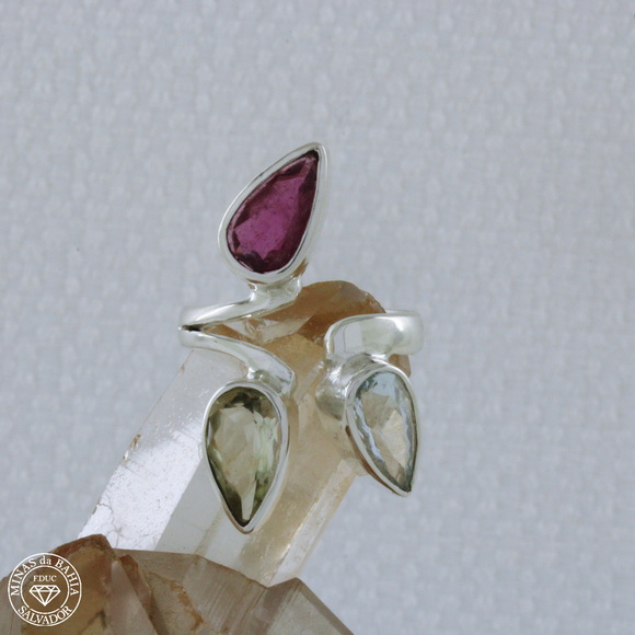 adiv042 anel de granada, berilo e água marinha 1,47ct 2,96ct cod423 Anel de granada, berilo, água-marinha