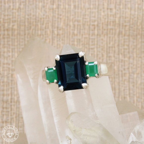 adiv068 Anel de topázio London Blue 4,07ct e esmeraldas 0,44ct cod385 Anel de topázio London Blue e esmeraldas - Imagem 1