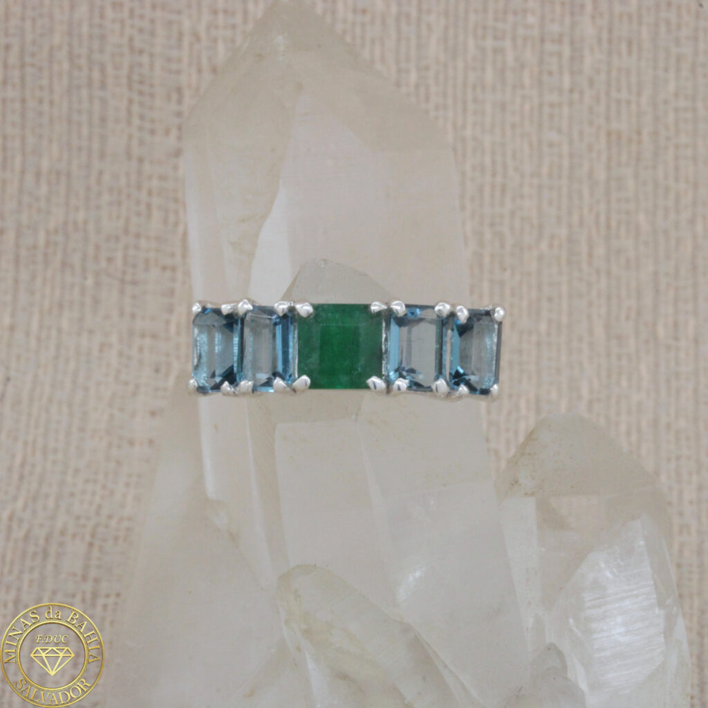 Anel de esmeralda e topázio azul 1,14ct 2,91ct Prata 925
