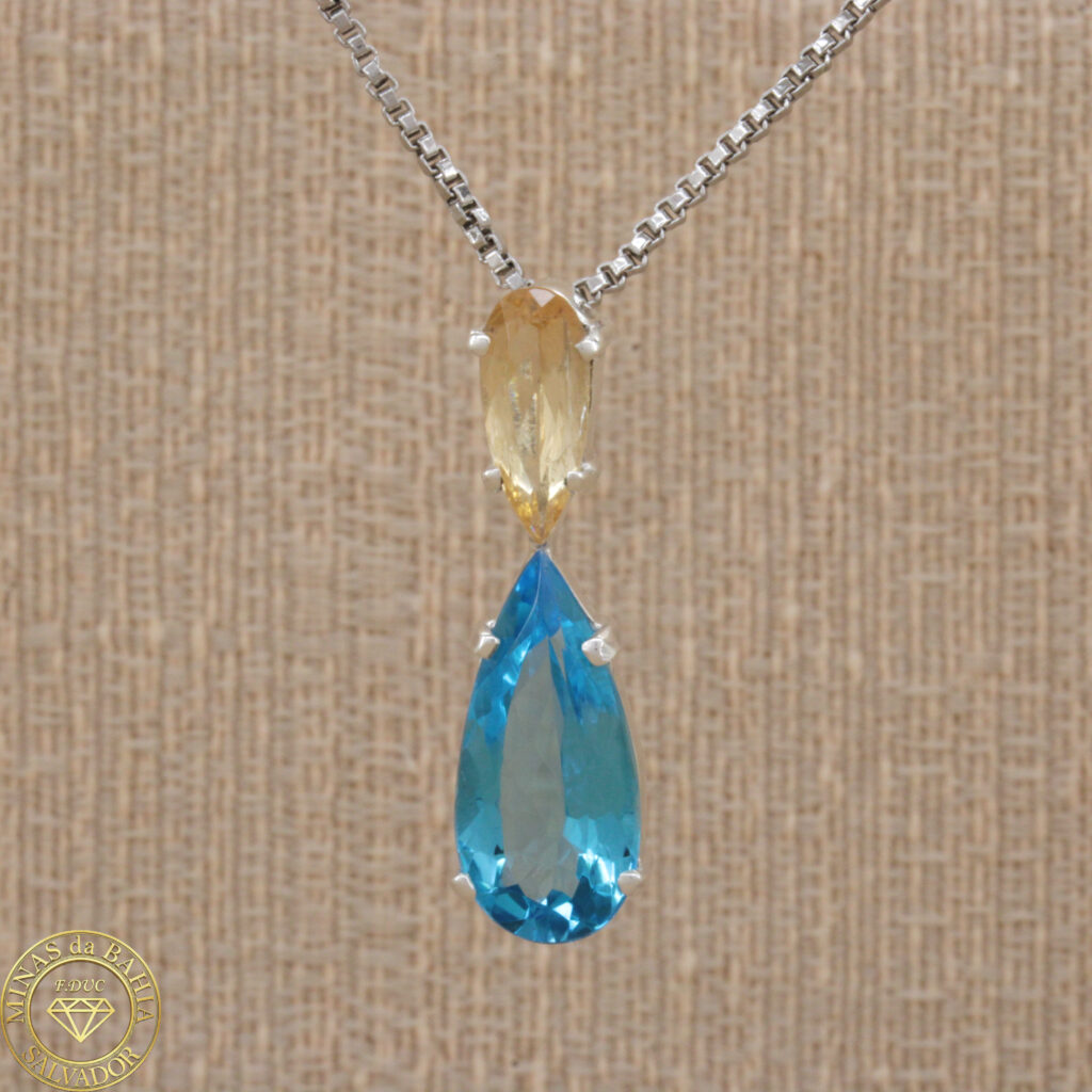 Pingente de topázio azul Swiss Blue e topázio imperial. Prata 925