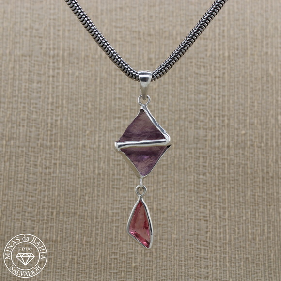 pflu002 pingente de fluorita e turmalina rosa 6,11gr 2,73ct prata cod234 Pingente de fluorita e turmalina rosa