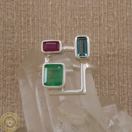 Anel de esmeralda, indigolita, rubi 1,43ct 0,51ct 0,66ct